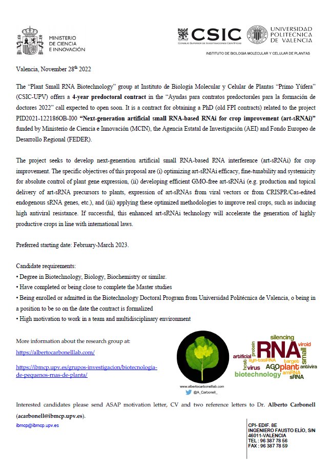 ⚠️⚠️4-year predoctoral contract offer at <a href="/A_Carbonell_/">Alberto Carbonell Lab</a> “Plant Small RNA Biotechnology” group ⚠️⚠️ to work in “Next-generation artificial small RNA-based RNAi for crop improvement (art-sRNAi)”

albertocarbonelllab.com

CV and 2 reference letters to acarbonell@ibmcp.upv.es