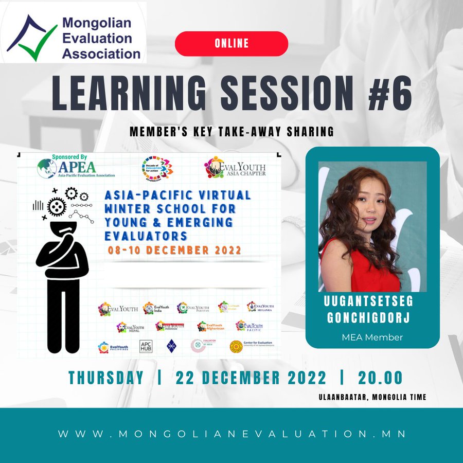 IOCE_eval's tweet photo. The @MonEvalAssoc invites you to listen to Uugantsetseg Gonchigdorj's take-aways from 
@APEAeval 3rd Asia Pacific Virtual Winter School for #YEEs

📆Dec 22, 20h (Ulaanbaatar time)
Join here👉https://t.co/dGCmU3jdio

#VOPEVoice #IOCETogether #IOCEval https://t.co/xreOzSA3zD