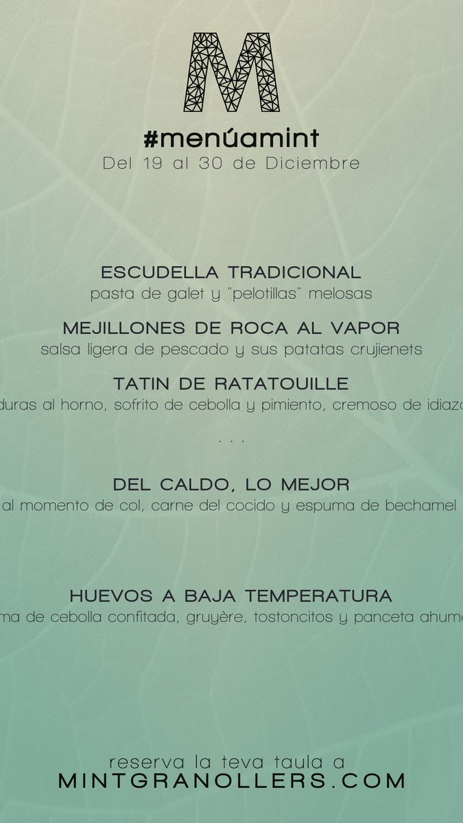 mintgranollers's tweet photo. El #menúamint: Del 19 al 30 de Desembre
El #menúenmint: Del 19 al 30 de Diciembre
The #setlunchmenu: From 19th through 30th December
Le #menúamint: Du 19 au 30 décembre
#mint #restaurant #granollers https://t.co/agqVJ6Ufu2