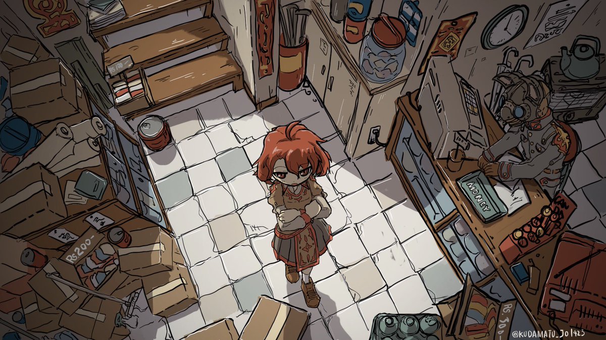 indoors box from above cardboard box tile floor 1girl red hair  illustration images