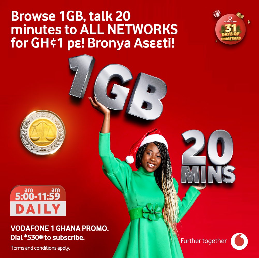 TelecelGhana's tweet photo. Bronya wei,
Nkomo no as33ti!
Vodafone 1Ghana promo is giving you 2O minutes talk time to all networks and 1GB worth of data to keep connected with loved ones from 5am -11:59am. Just dial *530# and subscribe as many times as you want. 
Womp3 wei na wopε diεn? https://t.co/rvoGqb8hX2