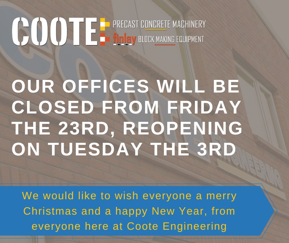 CooteFinlay's tweet photo. Christmas Break 🎅

Closed Friday 23rd December, reopening Tuesday 3rd of January.

We would like to wish everyone a Merry Christmas and a Happy New Year.

- Team Coote

#cooteengineering #cootefinlay #christmas https://t.co/1rLbHrflkm