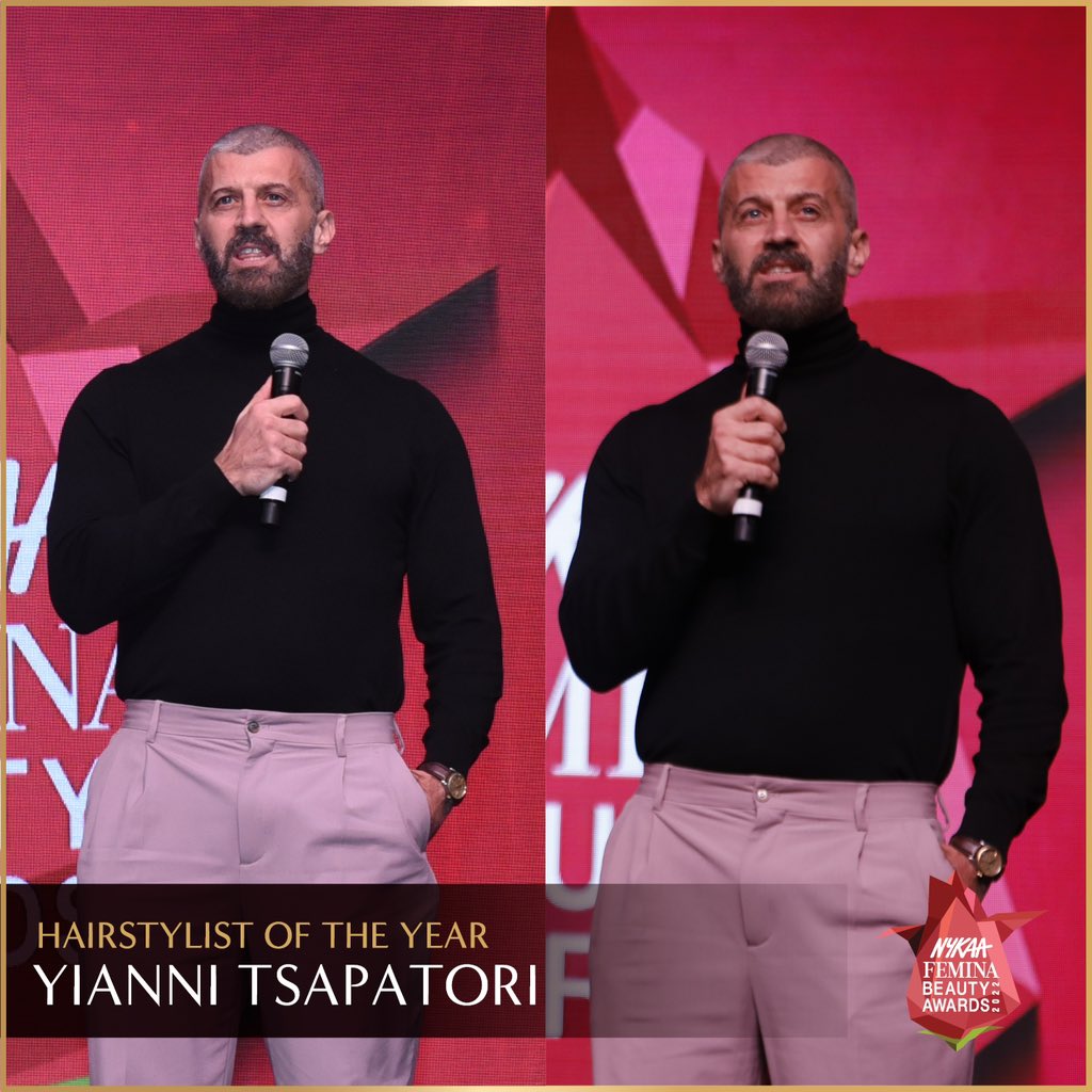 He tames the wildest tames in B-town. Congratulations to @YianniTsapatori for winning Hair Stylist Of The Year Award at Nykaa Femina Beauty Awards!💐 #Nykaa #NykaaFeminaBeautyAwards2022 #NFBA2022 #FeminaIndia #NFBA #YianniTsapatori