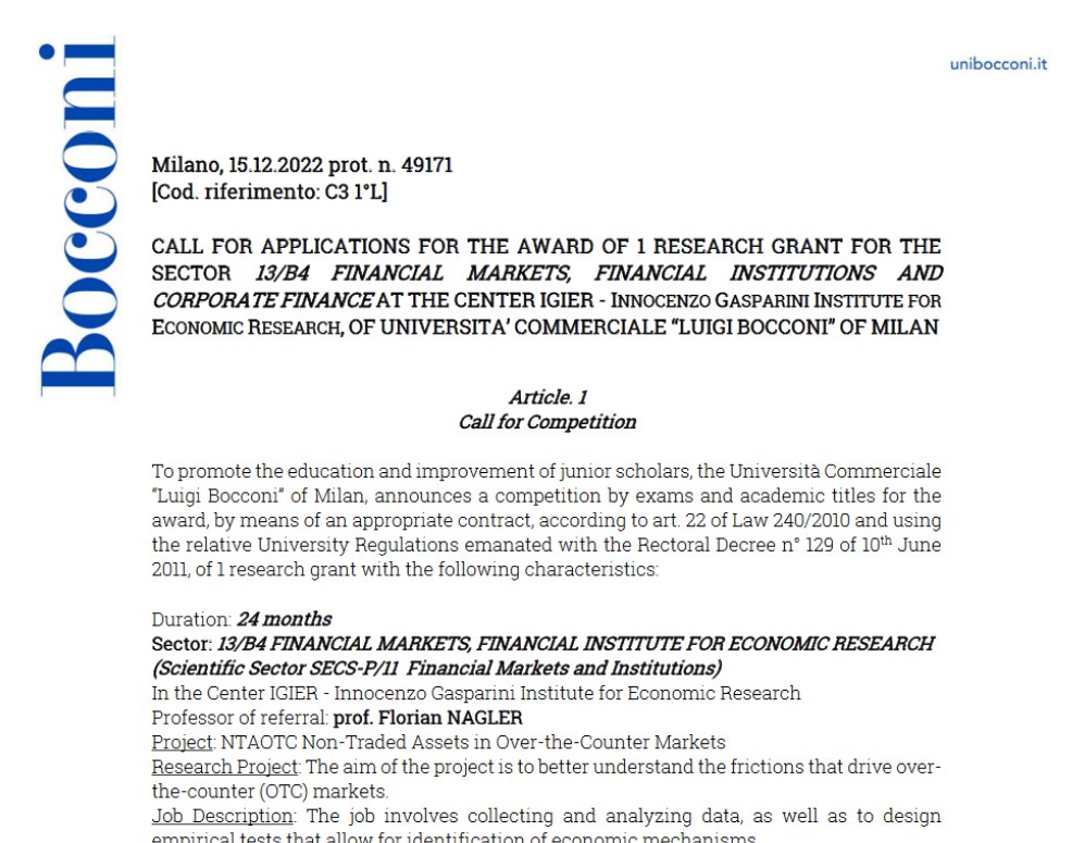NicolaLimodio's tweet photo. Hey #EconTwitter, are you a JM candidate &amp; looking for a postdoctoral position in #Finance? Check out this call at @Unibocconi by my fantastic colleague Florian Nagler. #PostDoc position for 2 years (potentially renewable). Pic ⬇️&amp; link https://t.co/v3KZpaPMDR https://t.co/doOkuPHZrU