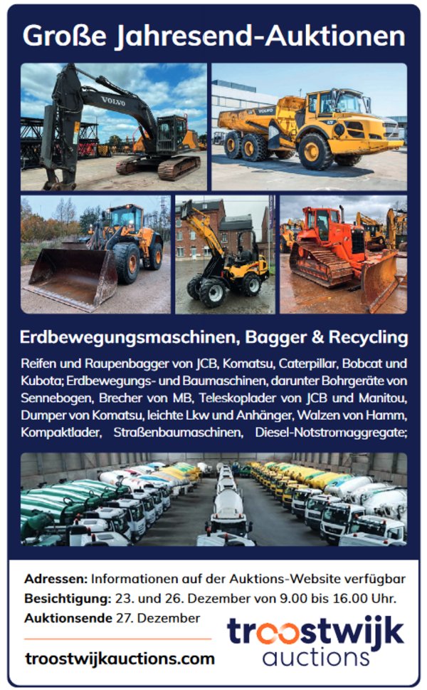 #troostwijk #auctions - Große Jahresend-#Auktionen - #Erdbewegungsmaschinen, #Bagger &amp; #Recycling: u.a. Sennebogen Bohrgeräte, MB Brecher, Manitou/JCB Teleskoplader, Komatsu Dumper, Anhänger, Hamm Walzen, Straßenbaumaschinen ... Auktionsende: 27.12. 2022  bit.ly/3W6BCgY