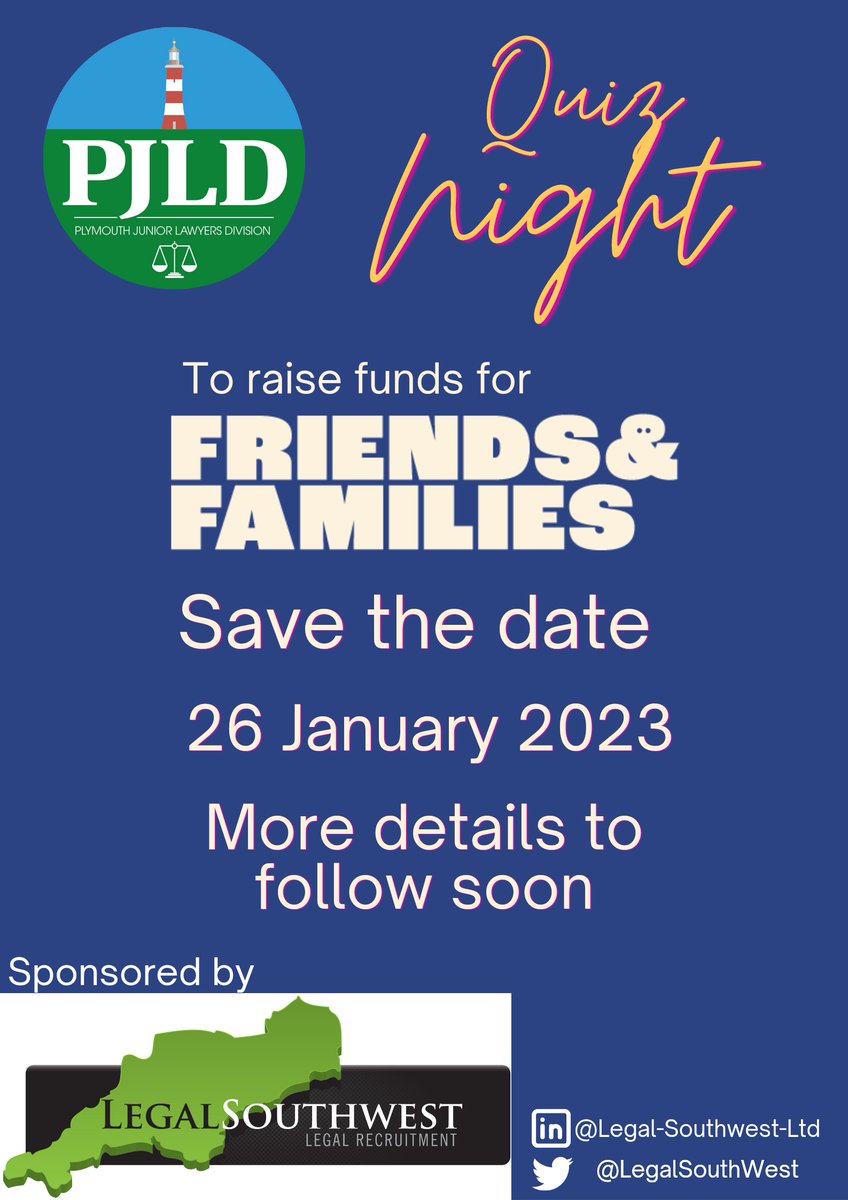 We are hosting a quiz night on 26.01.2023 to raise funds for <a href="/FAFplymouth/">Friends & Families</a> with some great raffle prizes up for grabs. 

Keep an eye out for further announcements.

This event is sponsored by <a href="/LegalSouthwest/">Legal Southwest</a>.

#charity #fundraising #PJLD #quiznight