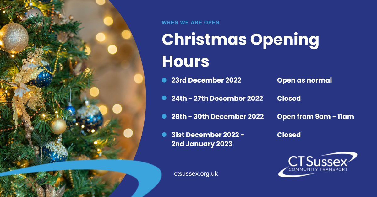 With Christmas just around the corner, here are our opening hours during the holiday period! 🎄 

We will be open as normal until the 23rd Dec & will resume normal opening hours again on the 3rd Jan 2023!

#communitytransport #sussexcharity #christmas #endsocialisolation
