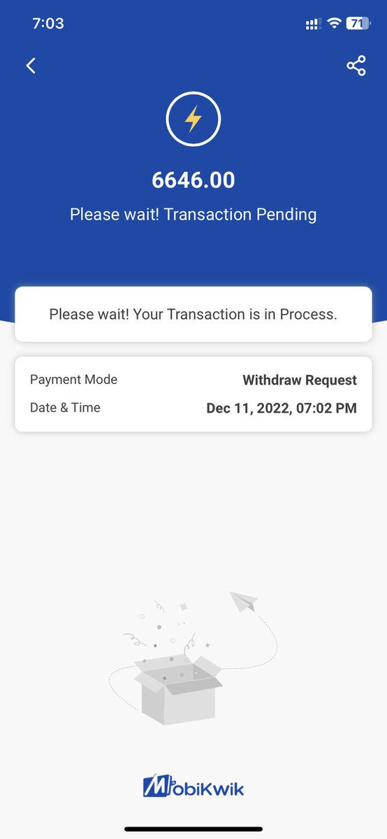 ONIRAKHTARDAVIS's tweet photo. @MobiKwikSWAT got refund from #snitch on 5th of  December but refunded money was not credited to wallet till 11th of December.I made withdrawal of the refund of total 6646 rs from wallet to my bank account but transaction was in process but no response.I want my money back https://t.co/E2QcyphQA1