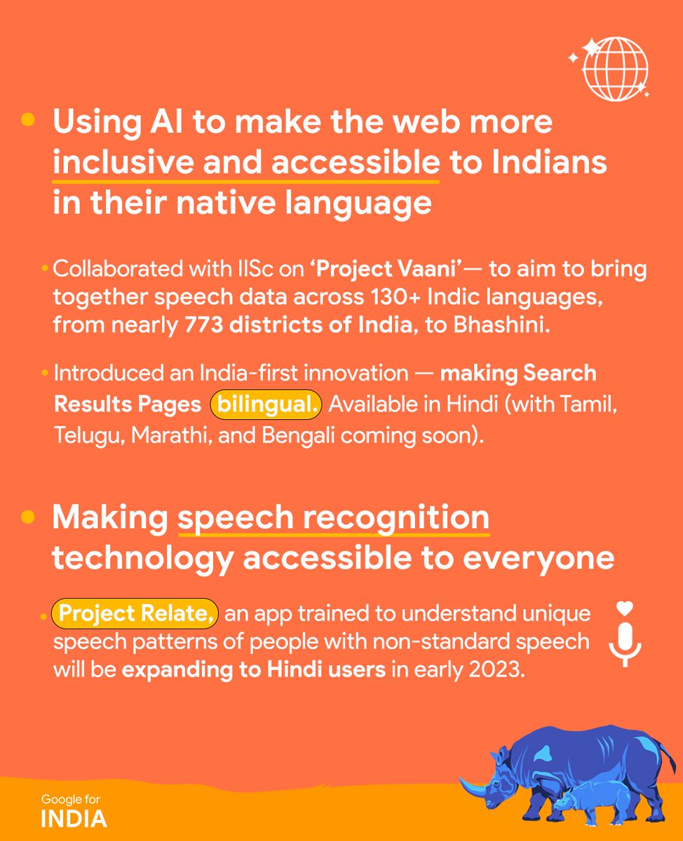 GoogleIndia's tweet photo. At our eighth #GoogleForIndia, we shared the progress that we, along with our partners have made to bring you more AI-based innovations that are India-first and India-focussed.

ICYMI, here are some of the highlights:
https://t.co/ZgFbzb47rO.
@GoogleCloud_IN @iitmadras https://t.co/YDhzrGnNix