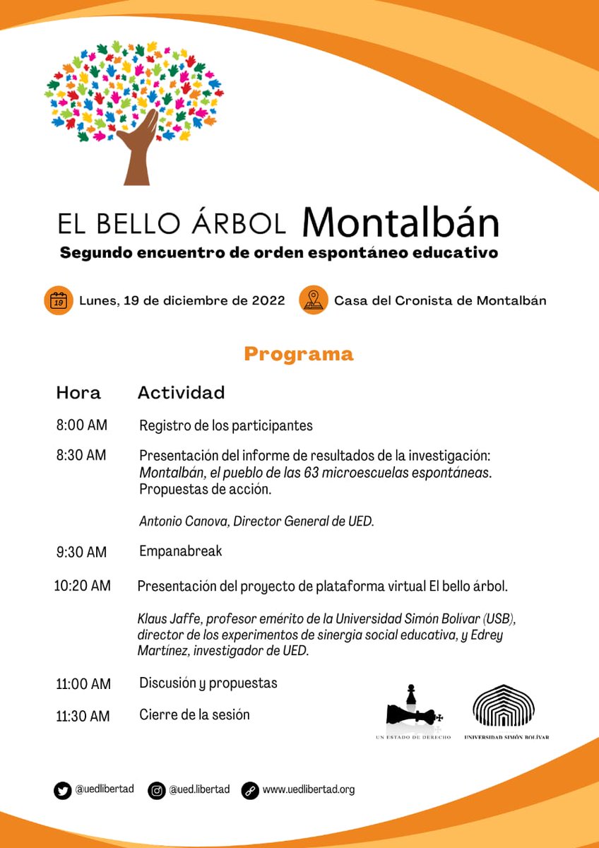 Hoy, 19 de diciembre de 2022, será una fecha memorable:

Más de 40 directores de microescuelas espontáneas se reunirán, analizarán el impacto de sus emprendimientos en los niños y jóvenes, se articularán...

¡Un día estupendo para sembrar ya la semilla de #ElBelloÁrbolMontalbán!
