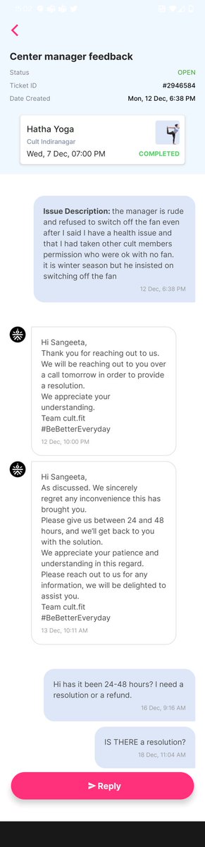 Justice_Rane's tweet photo. @cultfitOfficial i have been Cult's black pass member since 3-4 years now. A week back I complained on your app about the centre manager who ignored my health issue because his personal rating will suffer. It's been 7 days and yet no response. Is this your customer care now? https://t.co/DQSWJRkRVh
