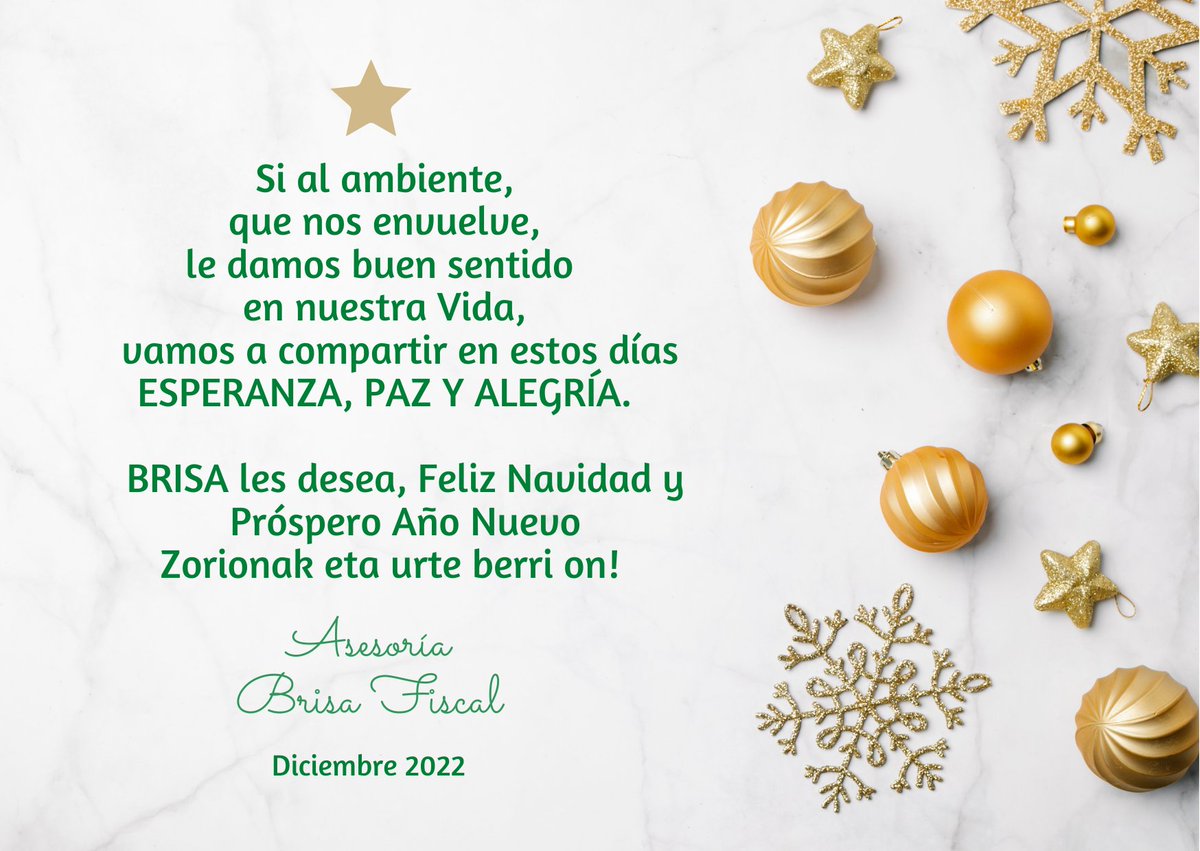 BRISAFISCAL's tweet image. Brisa les desea, Feliz Navidad y Próspero Año Nuevo. Zoronak eta urte berri on!