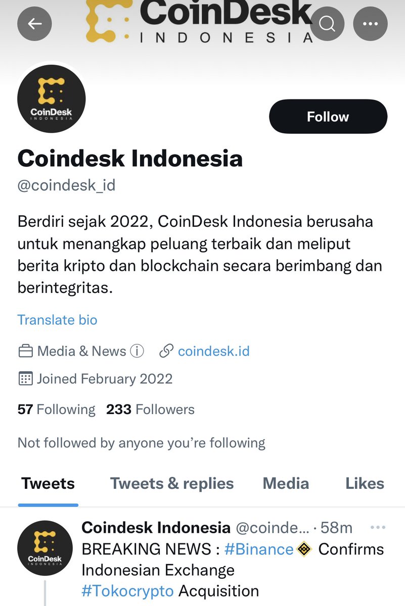 Dex53881916's tweet photo. Regarding $TKO I think it’s fake news Coindesk Indonesia’s Twitter page is not followed by @CoinDesk ,we need an official announcement from @binance https://t.co/yyIeKTCQRf