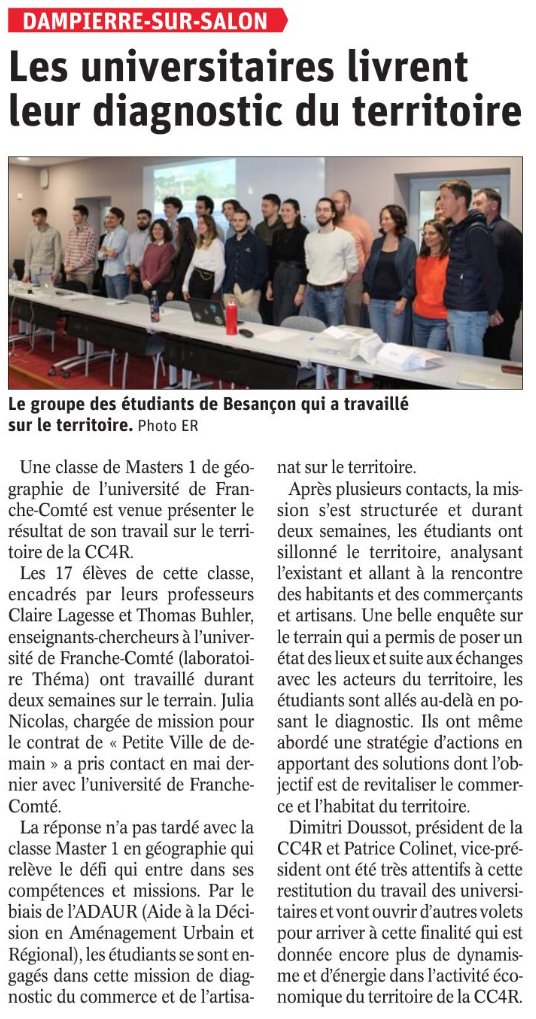 Mercredi dernier les M1 ADAUR sont allés défendre leur diagnostic territorial et leurs préconisations auprès des élus et techniciens de la CC4R. Un article de L'Est Républicain de ce jour en propose une synthèse 👇