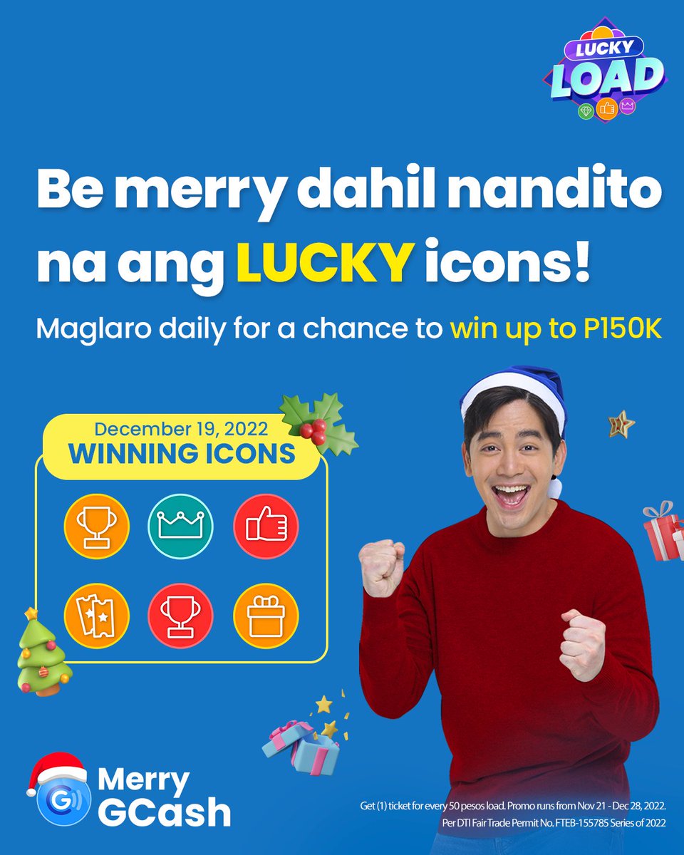 gcashofficial's tweet photo. 6 LUCKY icons ang maaga naming pamasko sa'yo!
Maglaro daily para maraming chances manalo ng P150K! Mag-Buy Load at least P50 on GCash for a ticket to play the game.
#ReadySetGForJoshua #GforMoreMagic #MerryGCash2022 #iGCashMo π
π https://t.co/KHcrGFu3Cw