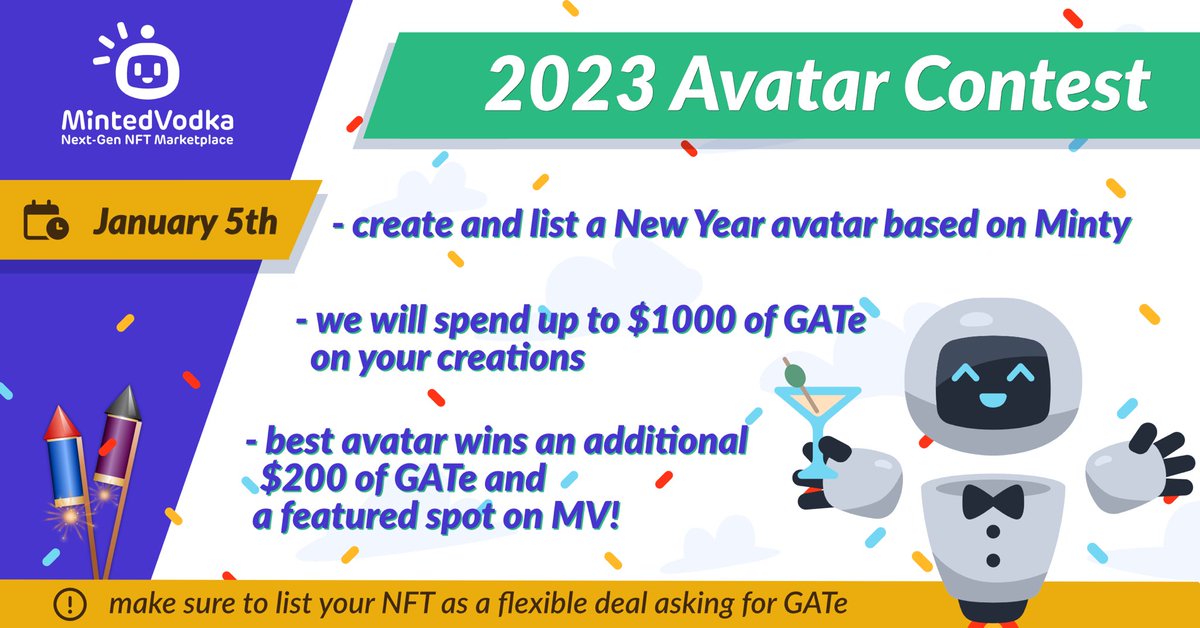 MintedVodka's tweet photo. 2023 Avatar Contest on Minted Vodka

Dear NFT creators, let’s make 2023 epic!
We’d like to see what incredible art you can make using Minty, the Minted Vodka mascot.

For more info 👇🏼
https://t.co/5II83FFgxX

 #NFTCommunity #NFTartists #NFTs #IOTA #tlos https://t.co/tci4x6744O