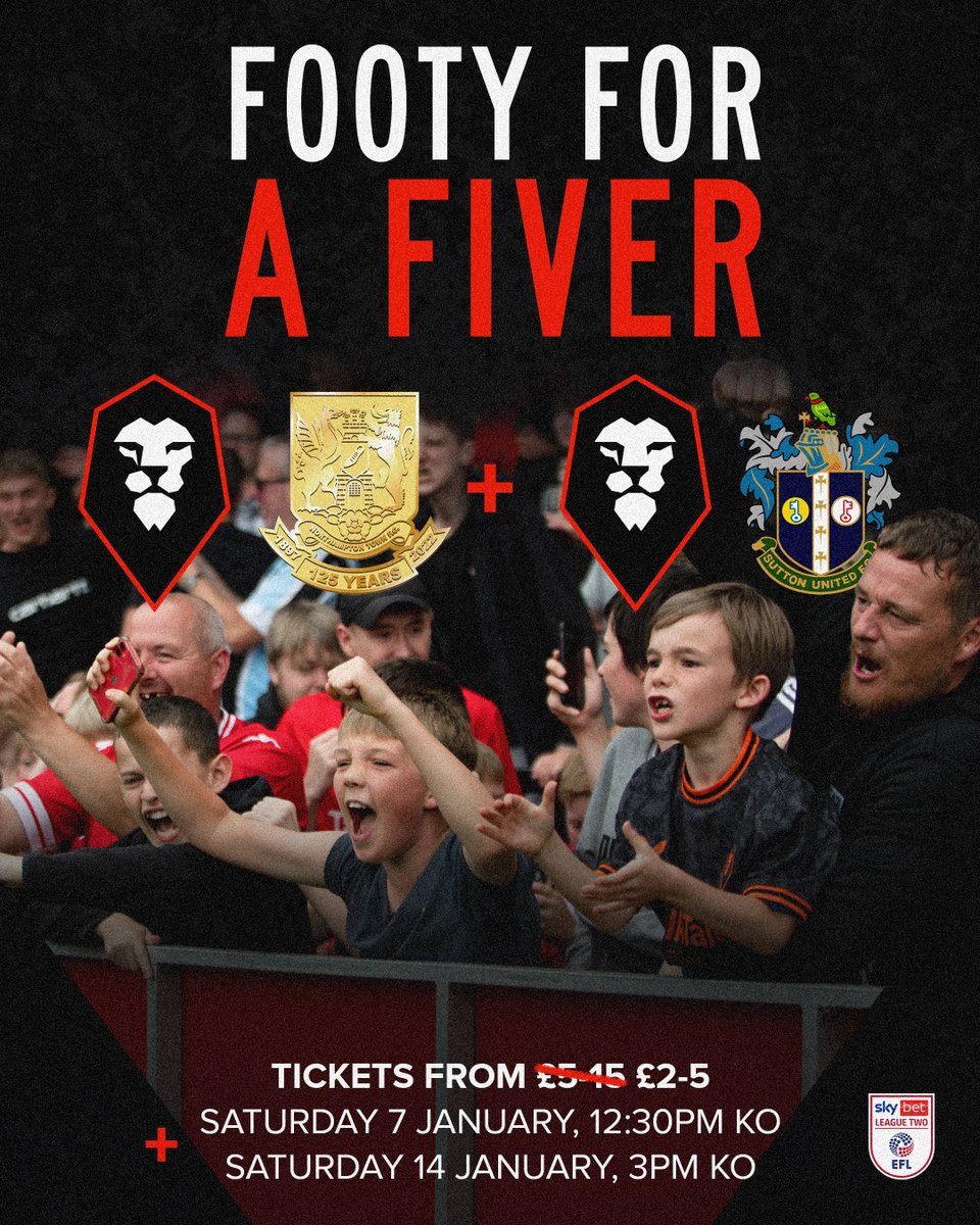 SalfordCityFC's tweet image. 𝐅𝐎𝐎𝐓𝐘 𝐅𝐎𝐑 𝐀 𝐅𝐈𝐕𝐄𝐑 🤝

As part of our ‘Going to the Match’ campaign, tickets for our upcoming fixtures against @ntfc and @suttonunited are priced at just £5 for adults and £2 for juniors - and are on sale now!

🎟️ bit.ly/AmmiesTickets