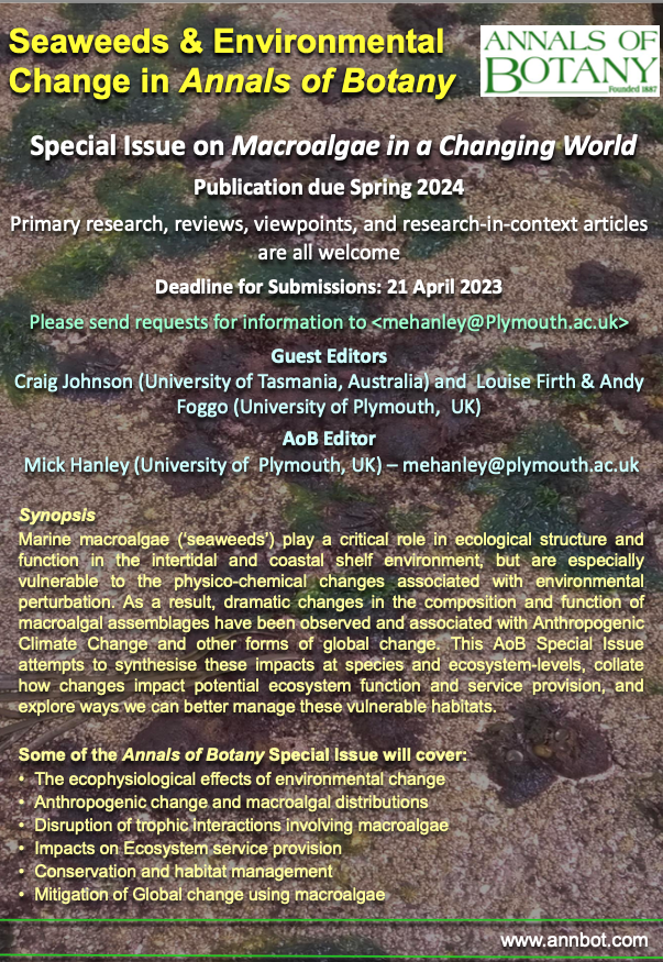 Call out to all macroalgae researchers! 📢 <a href="/annalsofbotany/">えなるず</a> Special Issue on Macroalgae in a Changing World. We are looking for primary research, reviews &amp; viewpoints. Deadline for submissions 21/04/23. 🗓️ Contact mehanley@plymouth.ac.uk for more info