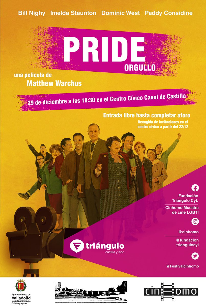 Seguimos con las proyecciones de #Cinhomo de barrio en #Valladolid. Esta vez será en el Centro Cívico Canal de Castilla, el 29 de diciembre a las 18:30h. Proyectamos #Pride. La entrada es libre hasta completar aforo. Recoge tu invitación a partir del 22/12. Te esperamos!