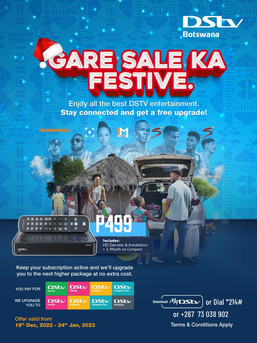 DStvBotswana's tweet photo. DStv ka monate, "Gare Sale Ka Festive". Keep your subscription active and we will upgrade you to the next higher package at no extra cost.
#DStvBW
#KnowYourContent
#GareSaleKaFestive https://t.co/lq5eRV7S9f
