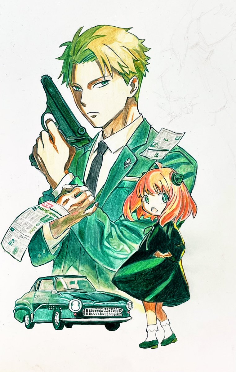 アーニャ(SPY×FAMILY) ,黄昏|ロイド・フォージャー(SPY×FAMILY) 「車終わりました#SPY×FAMILY#色鉛筆#模写 」|ダインのイラスト