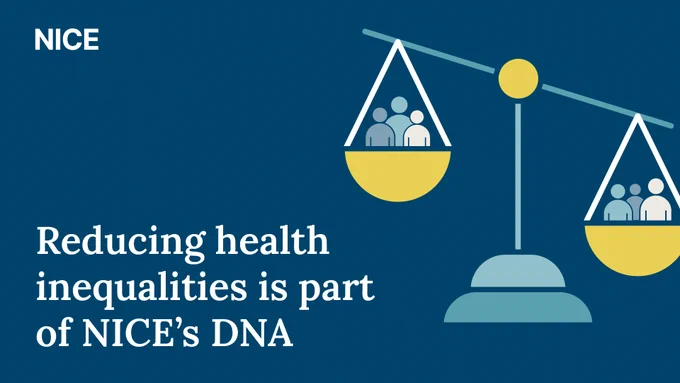 Graphic showing scales holding stick people, with scales tipping towards one side. Graphic accompanied with the following text: Reducing health inequalities is part of NICE's DNA