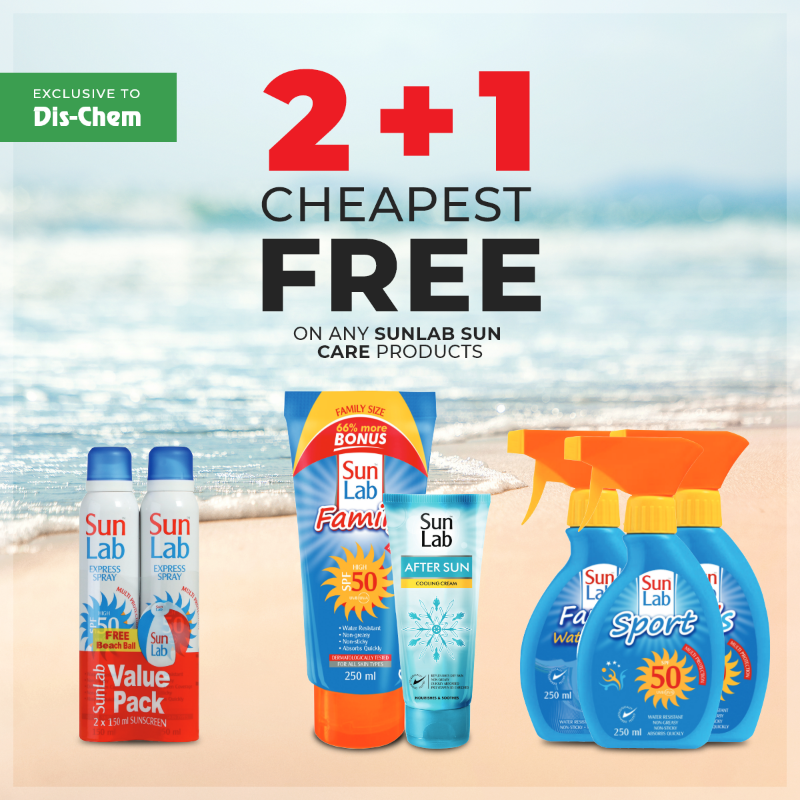 Dischem's tweet photo. No matter what your summer plans are, protect your skin with SunLab! With 2 + 1 cheapest free on any of their products, you’ve got the whole family covered. 🌞 #DisChemDecemberSavings  #SunProtection #SkinCare #SunLab #SPF50