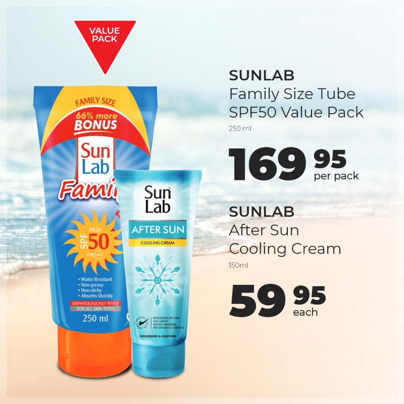Dischem's tweet photo. No matter what your summer plans are, protect your skin with SunLab! With 2 + 1 cheapest free on any of their products, you’ve got the whole family covered. 🌞 #DisChemDecemberSavings  #SunProtection #SkinCare #SunLab #SPF50