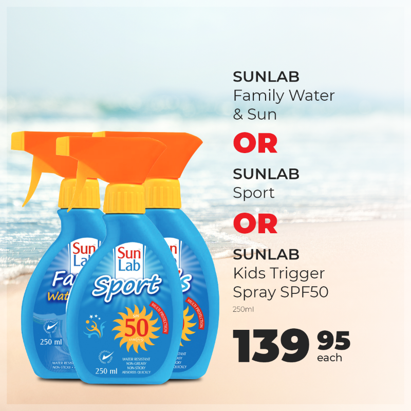 Dischem's tweet photo. No matter what your summer plans are, protect your skin with SunLab! With 2 + 1 cheapest free on any of their products, you’ve got the whole family covered. 🌞 #DisChemDecemberSavings  #SunProtection #SkinCare #SunLab #SPF50