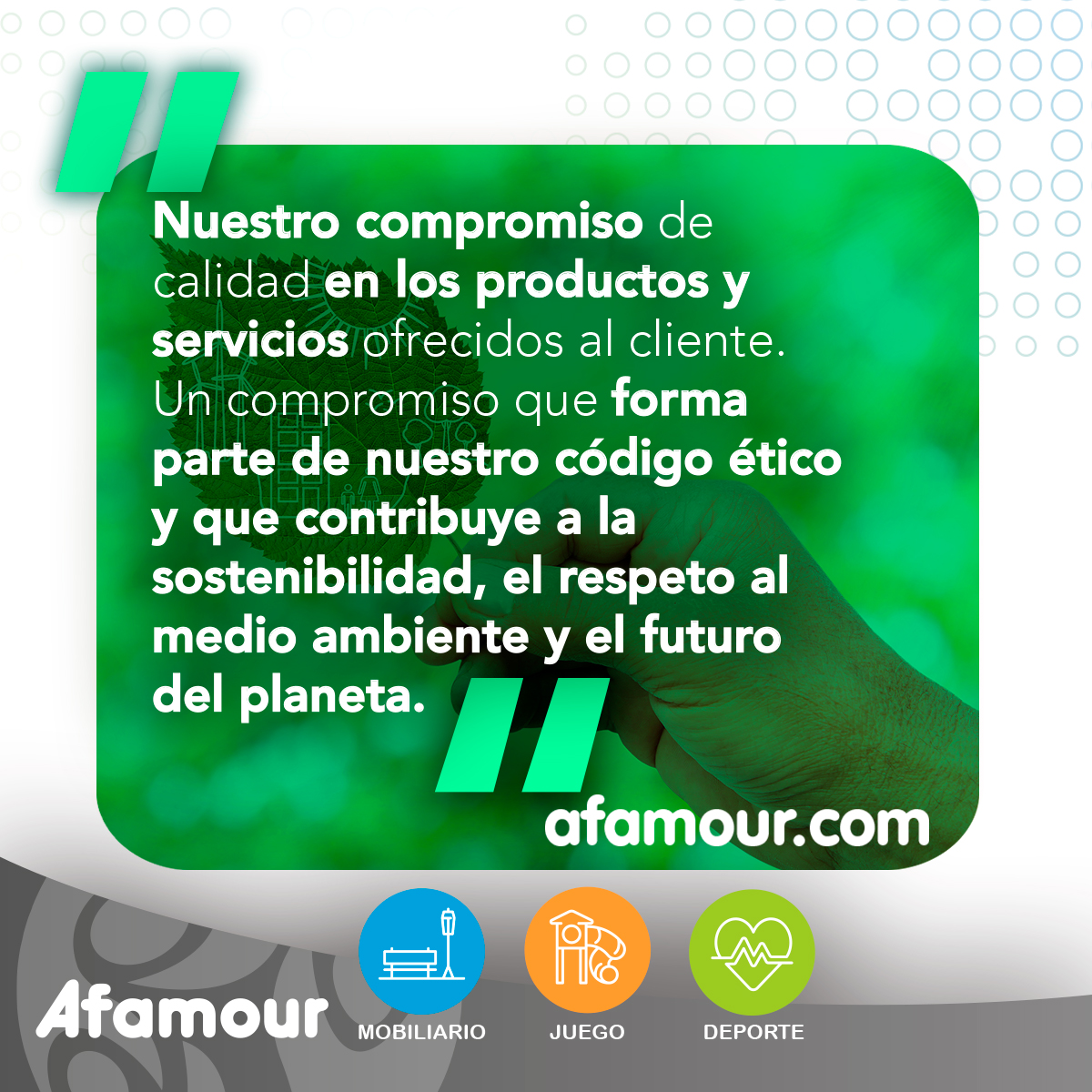 Afamour_ES's tweet photo. Desde #AFAMOUR tenemos un compromiso de calidad que forma parte de nuestro #CódigoÉtico y que contribuye a la #sostenibilidad, el respeto por el #MedioAmbioente y el futuro del #planeta.🌍

👉Descubre las acciones que llevamos a cabo en: https://t.co/TPCqMM6A0R

#AFAMOUR https://t.co/S4VUMOavuH