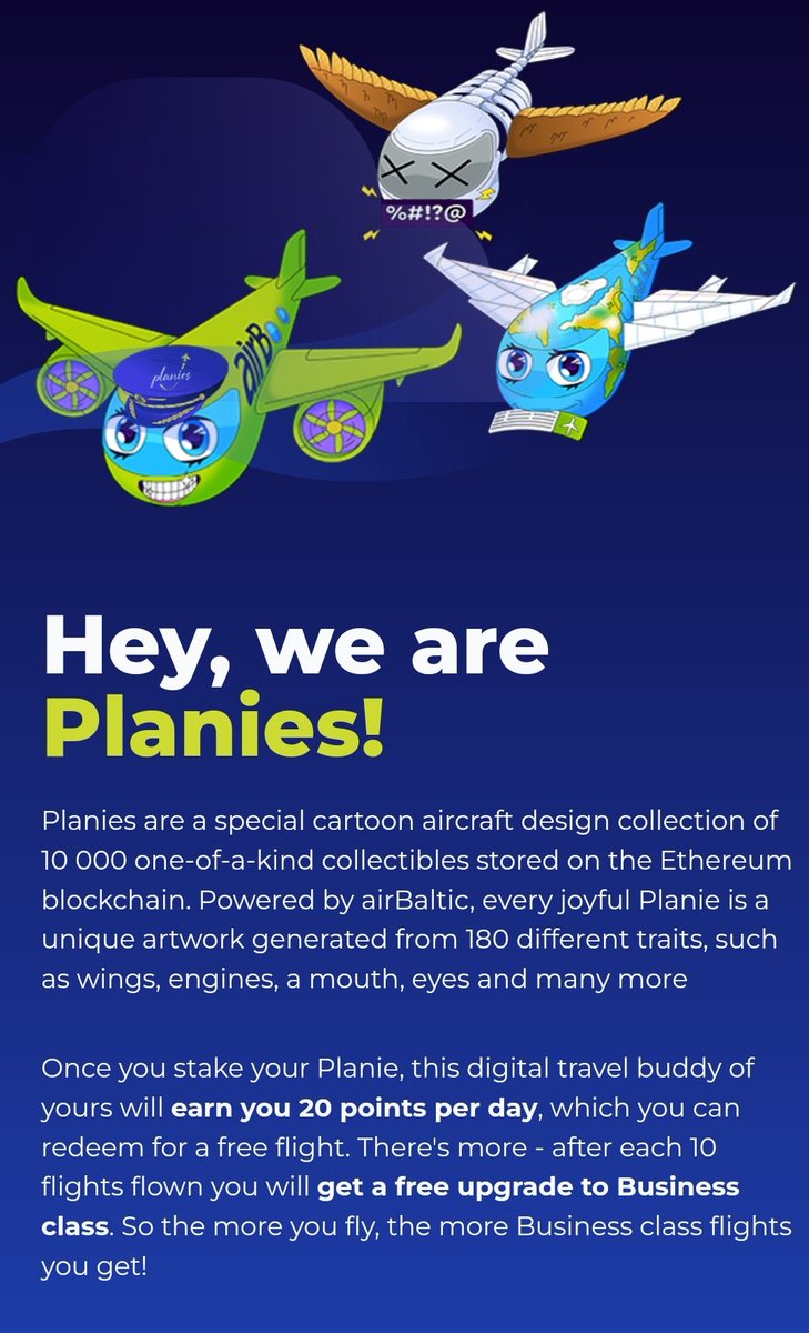 EAB1337's tweet photo. 1. Visit https://t.co/aGLoN1RcFh
2. Connect your #Wallet.
3. Buy #Planie with 0.1 eth (~100$)
4. Max 5 planies per account.
5. Fly with your new #TravelBuddy
6. Join discord: https://t.co/5kfw8bSphE
#Web3 #Flying #UtilityNFT #Staking https://t.co/BvFbALu60v
