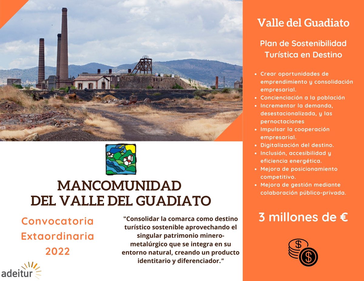 adeitur's tweet image. El Valle del Guadiato recibe 3 M€ de los FNG para consolidar la comarca como destino turístico sostenible aprovechando el singular patrimonio minero-metalúrgico que se integra en su entorno natural, creando un producto identitatio y diferenciador.
@GuadiatoTurismo