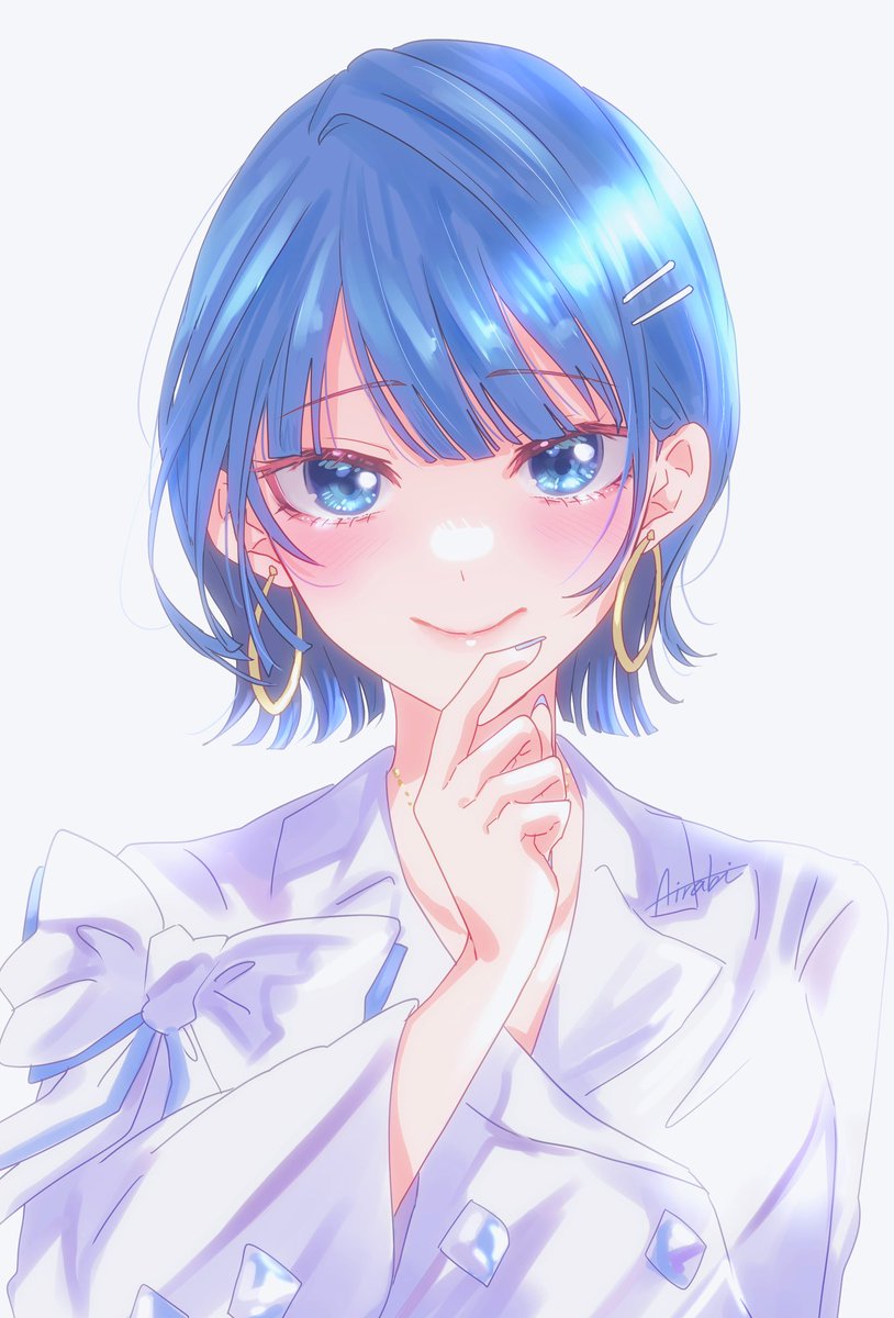 1girl solo blue hair earrings jewelry blue eyes short hair  illustration images