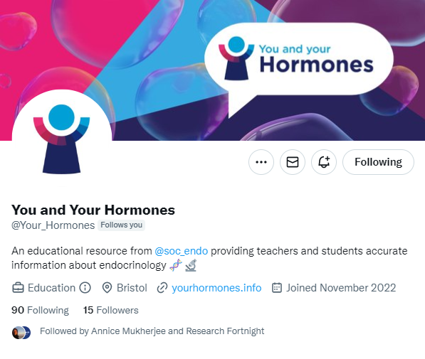 Soc_Endo's tweet photo. We have launched a new Twitter account; meet @Your_Hormones! We want to ensure that teachers and students have easy access to accurate information about endocrinology, linked to our educational resource site You and Your Hormones. Follow, share and watch this space 🧬🔬 https://t.co/EnZPwq7QzU