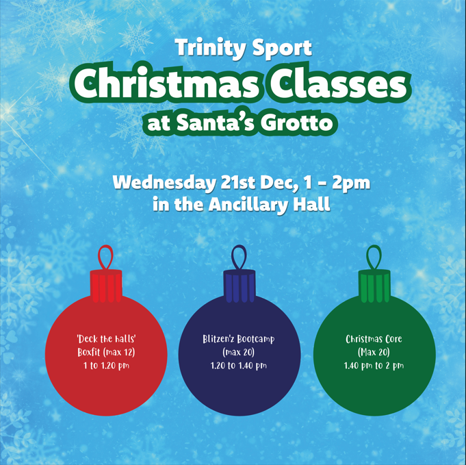 tcdsports's tweet photo. It's beginning to look a lot like Christmas...π
Join us on Wednesday, 21st December from 1pm for a festive workout, christmas cheer and all your favourite Christmas hits! Book via the Trinity Sport app, email sport@tcd.ie or at reception.
#FitnessClass #ChristmasClass https://t.co/K02kRqnRpz