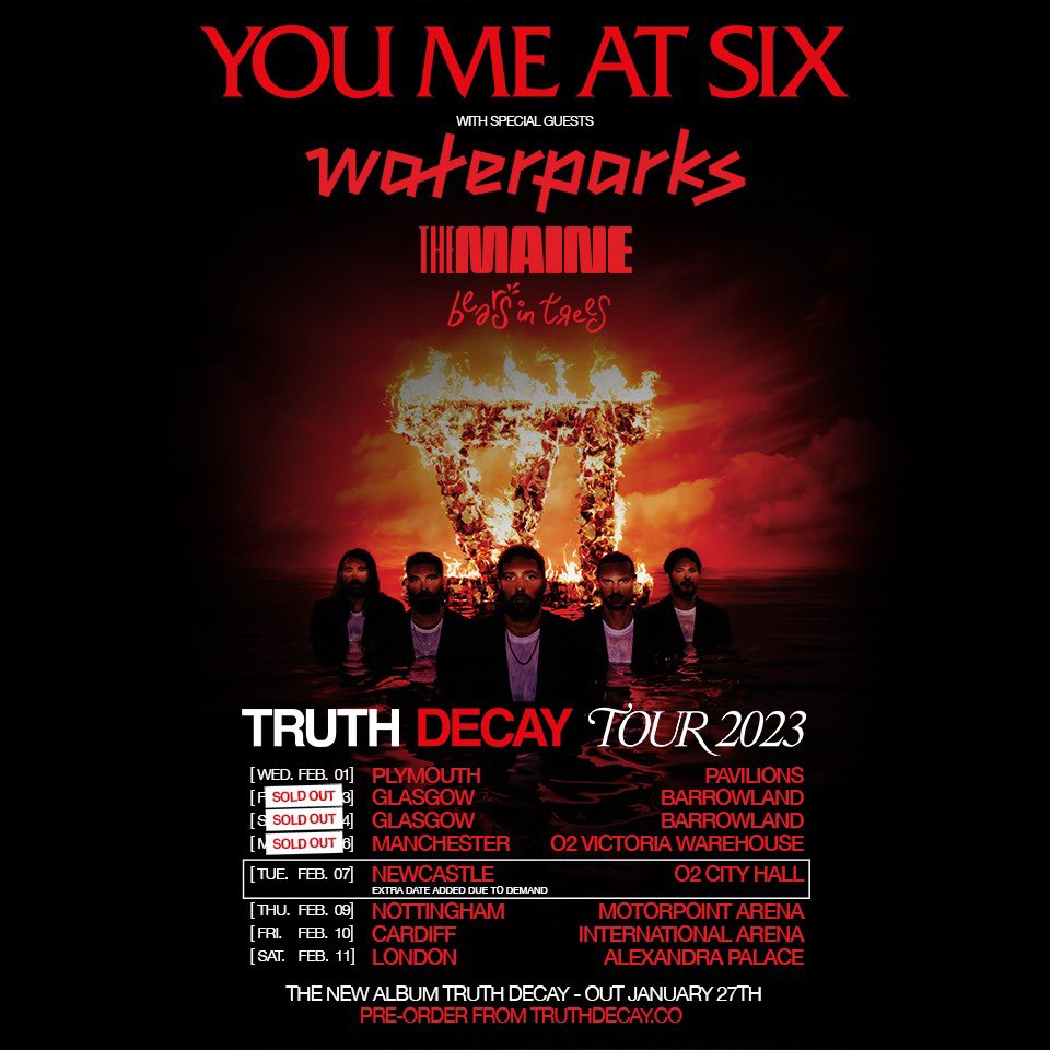 TRUTH DECAY UK TOUR TICKET UPGRADES

This includes:

- Early entry into show and first access to merch and barrier.
- Signed poster and photo with the band 
- Donation to Music Declares Emergency 

youmeatsix.ffm.to/shop