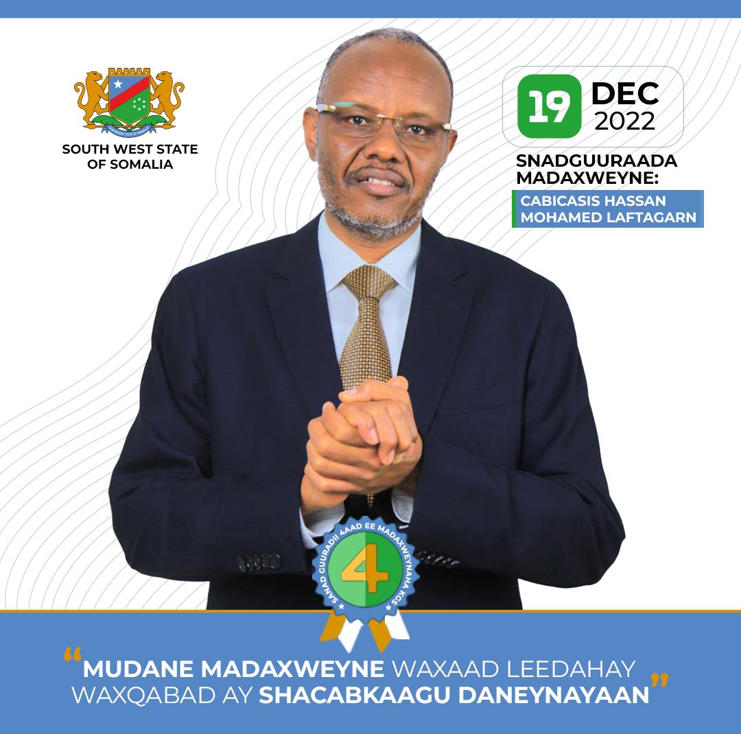 Southwest State of Somalia (@southweststat) on Twitter photo As the 4th anniversary of the President of <a href="/southweststat/">Southwest State of Somalia</a>, H.E.<a href="/Laftagareen/">Abdiaziz Hassan Mohamed</a> is set on tonight.
We will be highlighting major achievements which the administration has undergone during the last four years.
#Southwest4thanniversary As the 4th anniversary of the President of <a href="/southweststat/">Southwest State of Somalia</a>, H.E.<a href="/Laftagareen/">Abdiaziz Hassan Mohamed</a> is set on tonight.
We will be highlighting major achievements which the administration has undergone during the last four years.
#Southwest4thanniversary