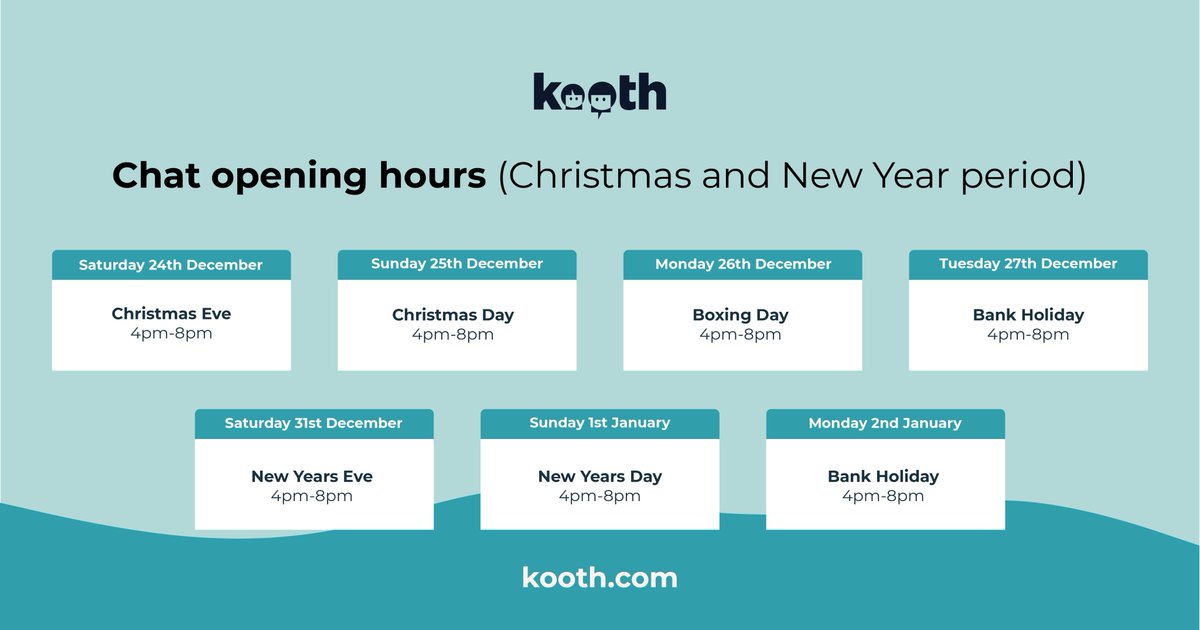 📣 Students, there's lots of support available over the holidays 🎅🏻🎄

We'll be providing a full list soon but here are Kooth's Christmas opening hours ⬇️

#Kooth is your online mental well-being community. It's free, safe and anonymous.

👉🏻 kooth.com