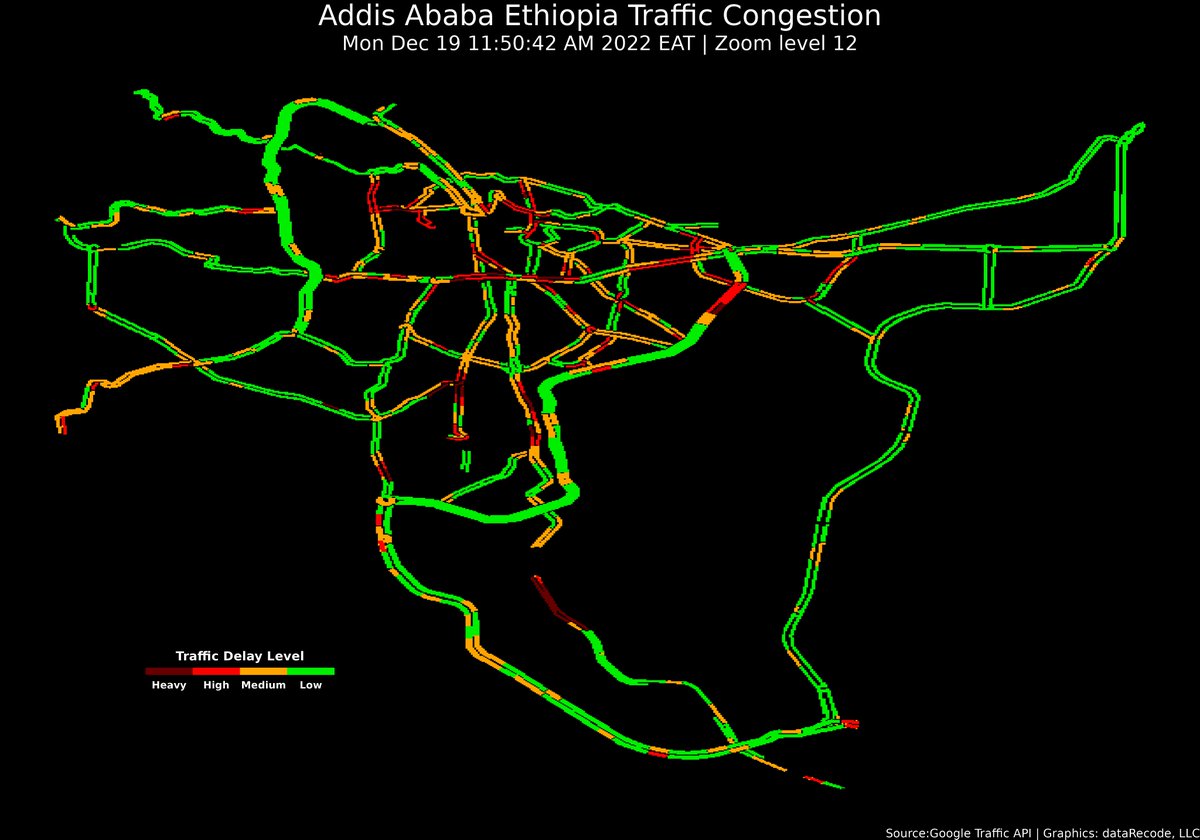 abiyugiday's tweet photo. A snap shot of #Addisabba traffic #congestion from #googletraffic map api around midday local time. At zoom level 12. I am thinking about animating this and see the patterns ebb-n-flow. This tool can be developed & assist in planing and traffic mangmnt ... #Ethiopia #traffic https://t.co/e8yJtdABVK