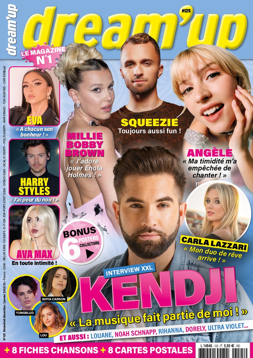 Ton nouveau <a href="/DreamupMag/">Magazine Dream'up</a> vient de sortir avec en cadeau 6 posters, 8 fiches chansons et 8 Cartes postales ! 
Retrouve Eva, Kendji, Squeezie, Angèle, Stranger Things, Harry Styles, Lou, Louane, Sofia Carson et bien d'autres !
Disponible en kiosques ou sur Aboriva.com !
