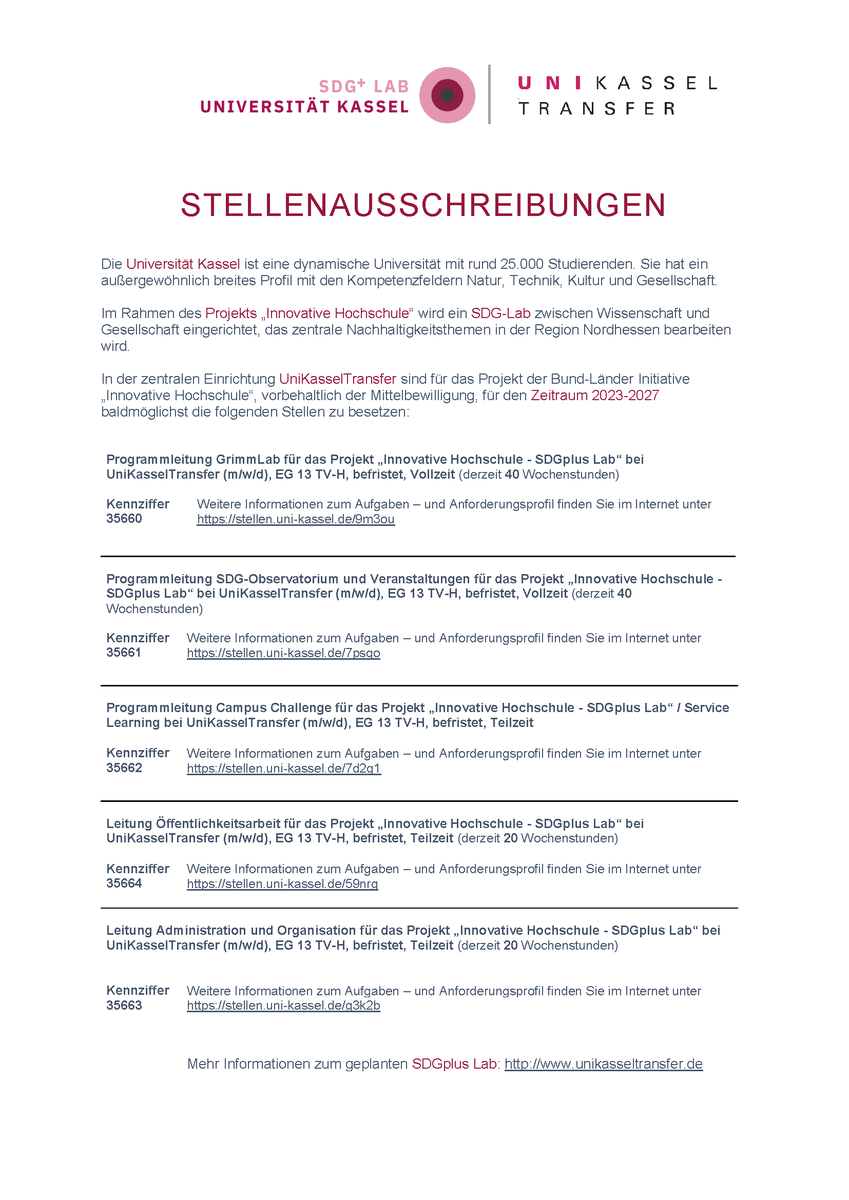 uni_kassel's tweet photo. Im Projekt „Innovative Hochschule“ wird an der Uni Kassel ein #SDG-Lab zwischen Wissenschaft und Gesellschaft eingerichtet, das zentrale #Nachhaltigkeit|sthemen in der Region bearbeiten wird. Baldmöglichst sind mehrere Stellen zu besetzen. 
Mehr Infos: https://t.co/D1MuOdCkm3 https://t.co/3EOqJkIQz2