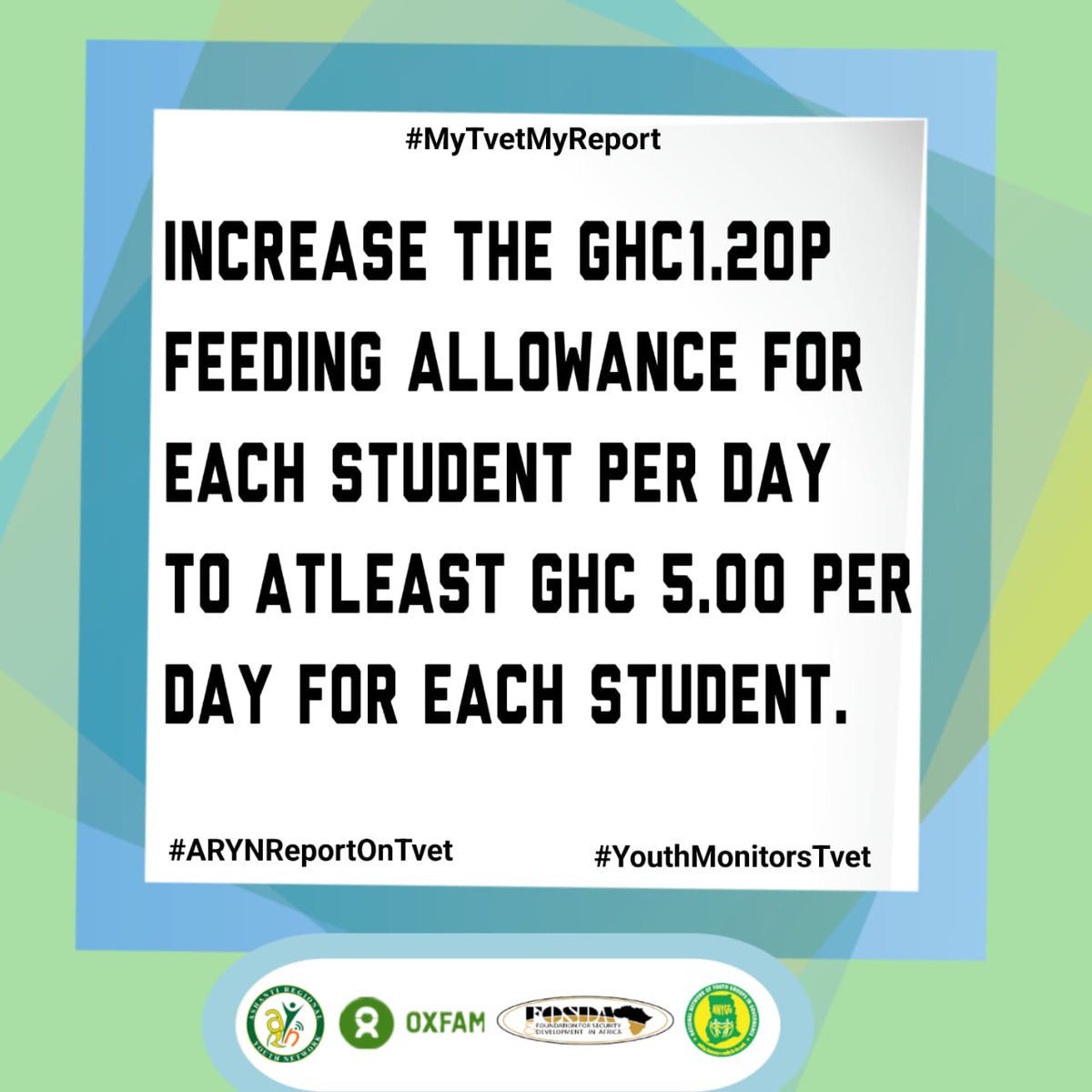 IbrahimKwa1's tweet photo. Increase the GHC 1.20P feeding allowance for each student per day to atleast GHC 5.00 per day for each student. 
#MyTvetMyReport
#YouthMonitorsTvet
#ARYNReportsOnTvet https://t.co/BAvrK0H3Se