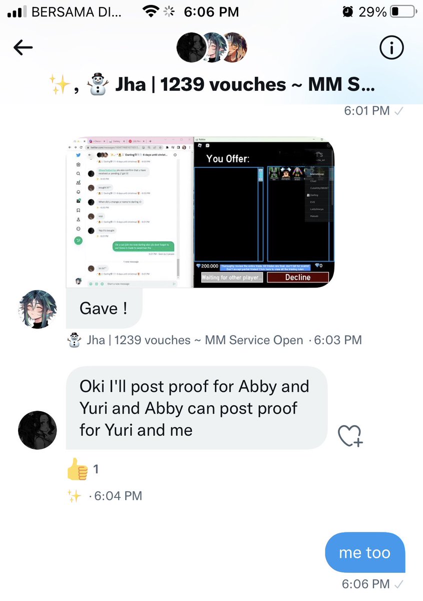 Dxrling_Aby's tweet photo. Wanted to do a trade with @beariiexberries but since 200k rhd is a lot of rhd.We got @Yuriqer mm and did the trade of 250 w tax and 200k rhd! #trust_leberry #YurisMMPRoofs
They are really trusted!🤍🤍 https://t.co/xsCVv3wVh9