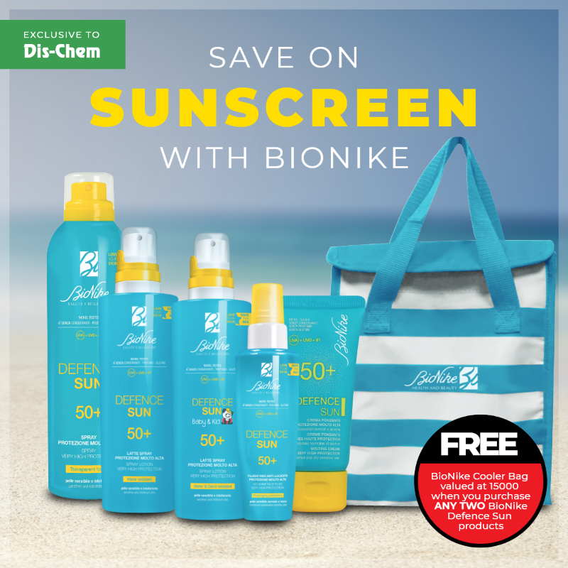 Dischem's tweet photo. Keep your skin cool and your drinks cooler with this stylish cooler bag you’ll receive with the purchase of any two BioNike Defence Sun products! ❄️ #DisChemDecemberSavings #SunProtection #FreeGift #BioNike