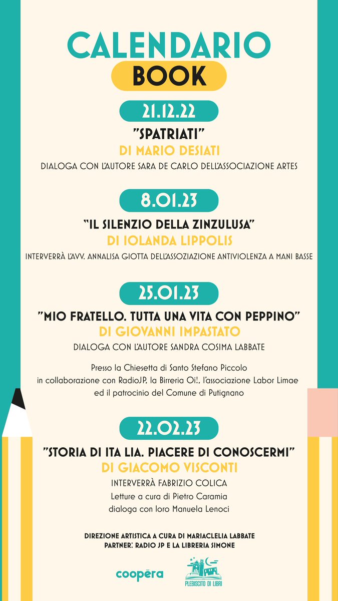 Il 21 dicembre, il giorno del solstizio d'inverno, partirà una nuova edizione di #Book da #Coopera
❄️
Una serie di libri che presenteremo grazie a tante collaborazioni e che non vediamo l'ora di condividere con voi!
📖
Questi i primi appuntamenti in programma 👇
Vi aspettiamo ❤️