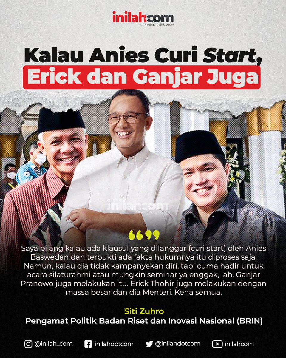 Pengamat politik Siti Zuhro menanggapi kabar soal Anies Baswedan (<a href="/aniesbaswedan/">Anies Rasyid Baswedan</a>) yang dituding curi start melakukan kampanye. Menurut dia, jika Anies Baswedan dianggap curi start, maka Ganjar Pranowo (<a href="/ganjarpranowo/">Ganjar Pranowo</a>) dan Erick Thohir (<a href="/erickthohir/">Erick Thohir</a>) juga melakukan hal serupa.