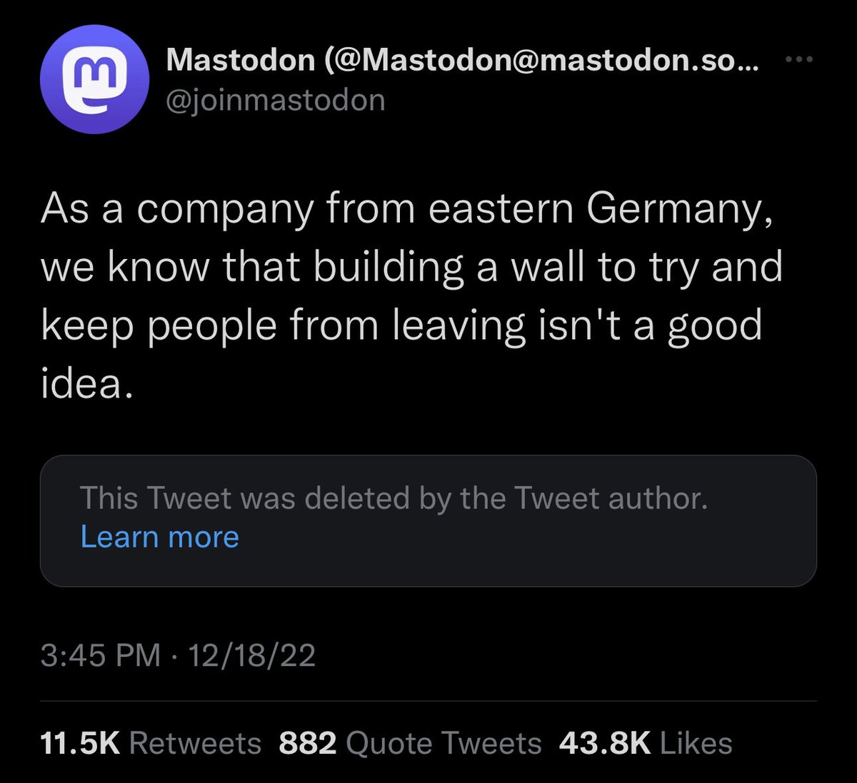 Twitter Support deleted its thread about the “banning links to other platforms” policy.

No comment about it, or an updated policy statement. Just pretending it didn’t happen.

News orgs shouldn’t be begging this place to allow them to come back here.