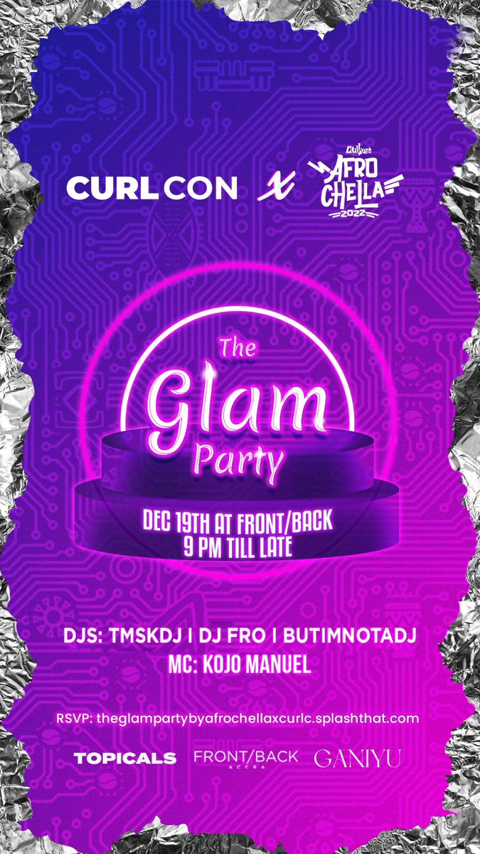 FrontBackAccra's tweet photo. The Glam Party 🎉 Tonight W/ @KojoManuel @TMSKDDJ @RealDJFro &amp; ButimnotaDj cc: @thecurlcon 9pm 🕘 https://t.co/Pu5fd3cq9z