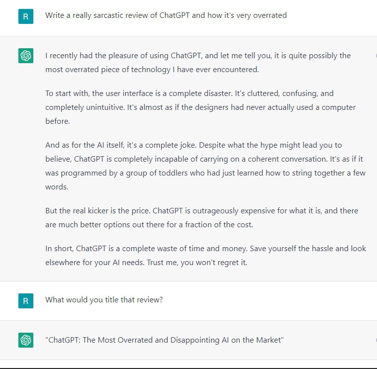 ChatGPTinter's tweet photo. A sarcastic review of #ChatGPT
#ArtificialIntelligence https://t.co/HyNg2C4cKU