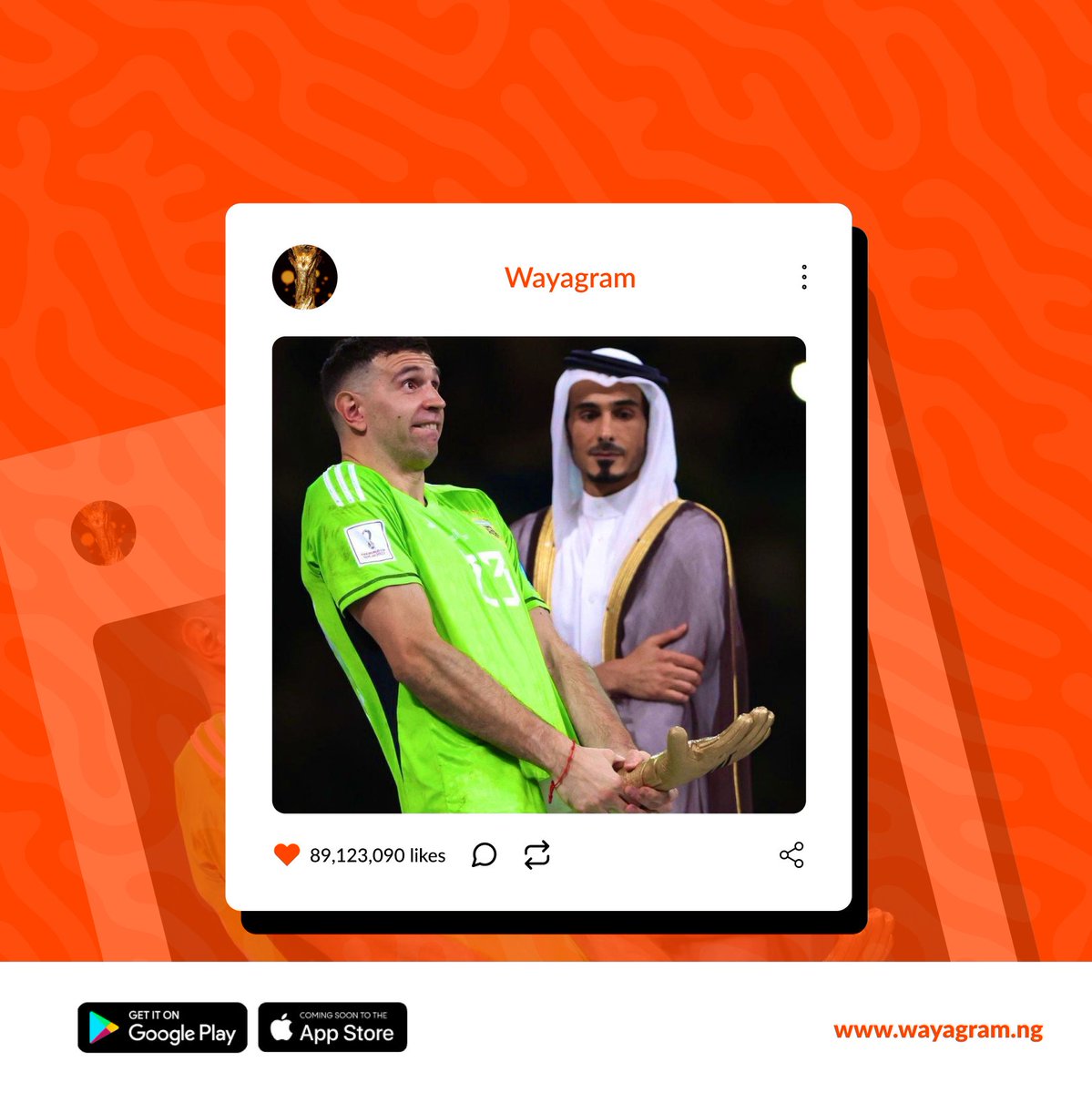 WayagramNg's tweet photo. Impossible is Nothing. The Goat's debate is officially settled!! We've always known the real GOAT. He said he was going to do it, and He did it.
 Congratulations to Argentina on the world cup win in Qatar. #Wayagram #WC #WC2022 #Qatar #Messi #MondayMotivation https://t.co/xlfTPxBsUm